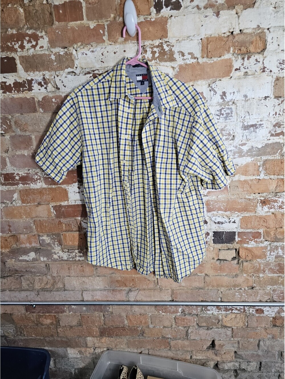 Vintage Tommy Hilfiger Men's M Yellow Blue Plaid Short Sleeve Shirt 90s Preppy